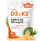 VEV Corefeel bottle front shows 300 softgels for daily vitamin D and K2 support.