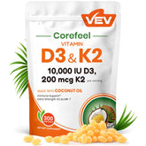 VEV Corefeel D3 K2 softgels bottle for high-potency bone support