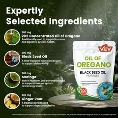 VEV organic oregano oil moringa blend bottle emphasizes natural blend benefits.