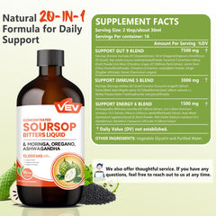 VEV Soursop Bitters bottle back view highlighting ingredients for vitality.