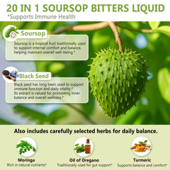 VEV Soursop Bitters bottle poured into juice for easy daily use.