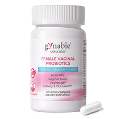 Vevoec Gynable vaginal probiotic bottle showing daily balance and odor control.