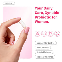 Vevoec Gynable label close-up showing Lactobacillus blend for vaginal flora support