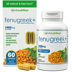 VH Nutrition Fenugreek+ bottle front with 60 gluten-free capsules for daily energy support.