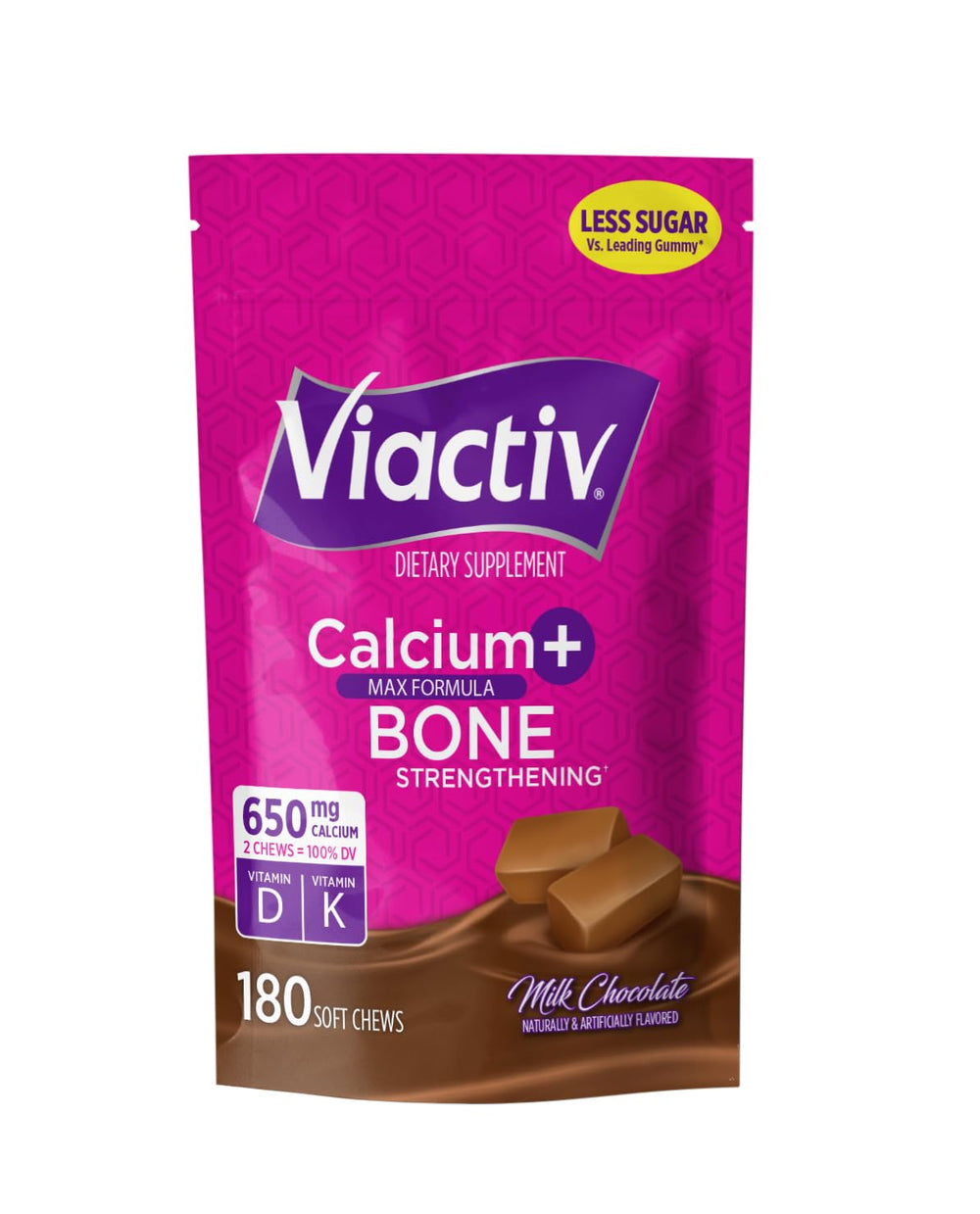 Viactiv Calcium Plus Vitamin D soft chews in brown bottle with milk chocolate flavor for daily use