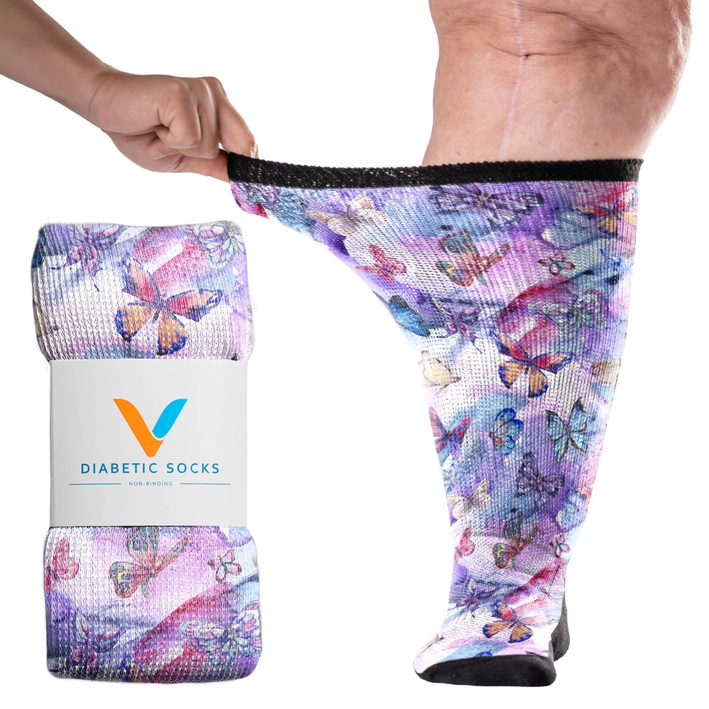 Viasox Butterfly EasyStretch packaging shows diabetes-friendly socks ready for comfort.
