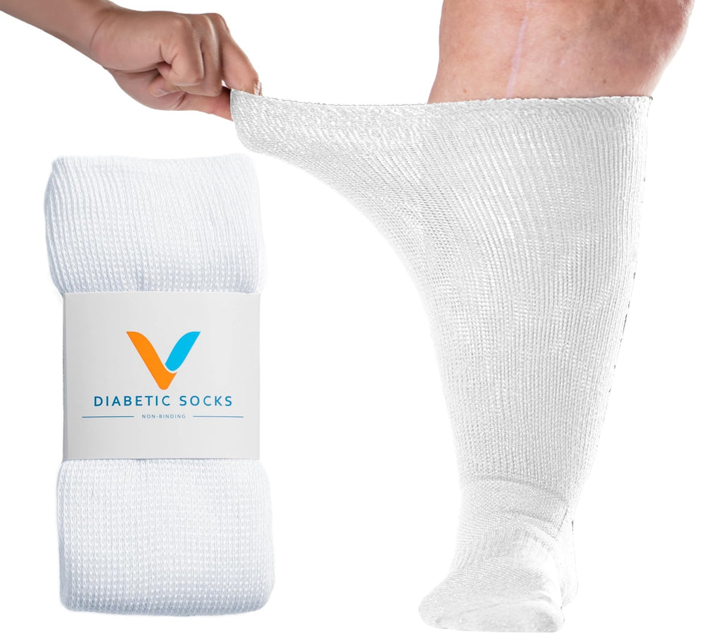 Viasox EasyStretch diabetic socks, front view, white, large size, comfortable non-binding wear.