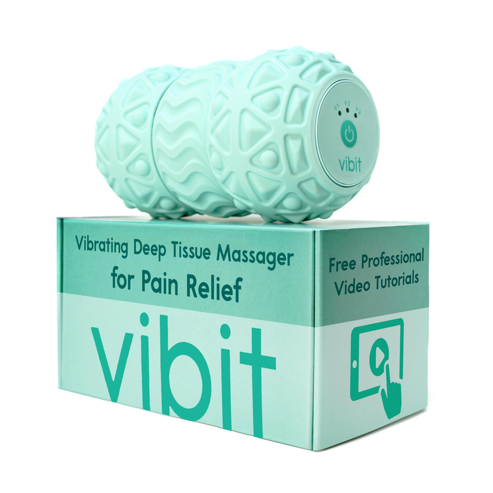 Vibit vibrating massage roller targeting feet for plantar fasciitis relief.