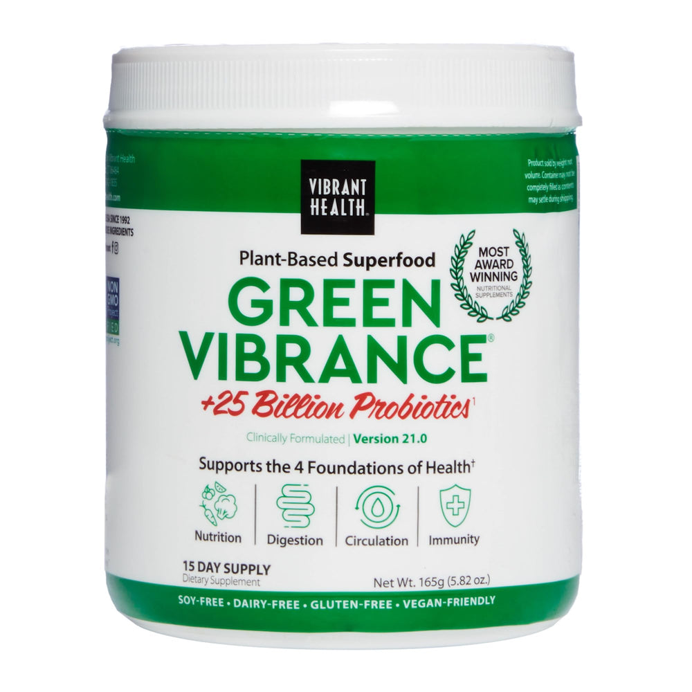 Vibrant Health Green Vibrance powder tub showing real greens and transparency