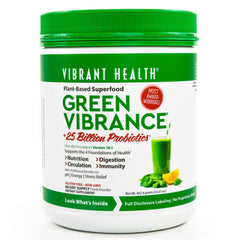 Vibrant Health Green Vibrance powder tub for dairy-free greens in smoothies.