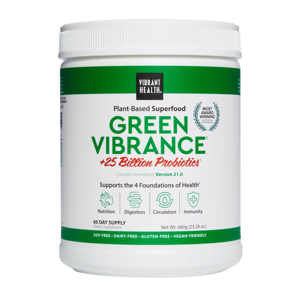Vibrant Health Green Vibrance tub close-up highlighting a plant-based greens blend for daily nutrition