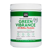 Vibrant Health Green Vibrance tub close-up highlighting a plant-based greens blend for daily nutrition