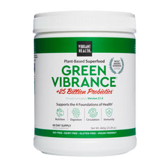 Vibrant Health Green Vibrance tub close-up highlighting a plant-based greens blend for daily nutrition