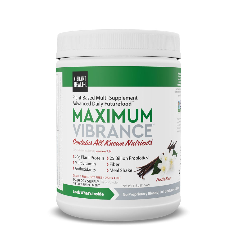 Vibrant Health Maximum Vibrance bottle close-up showing vegan protein and nutrient-rich formula
