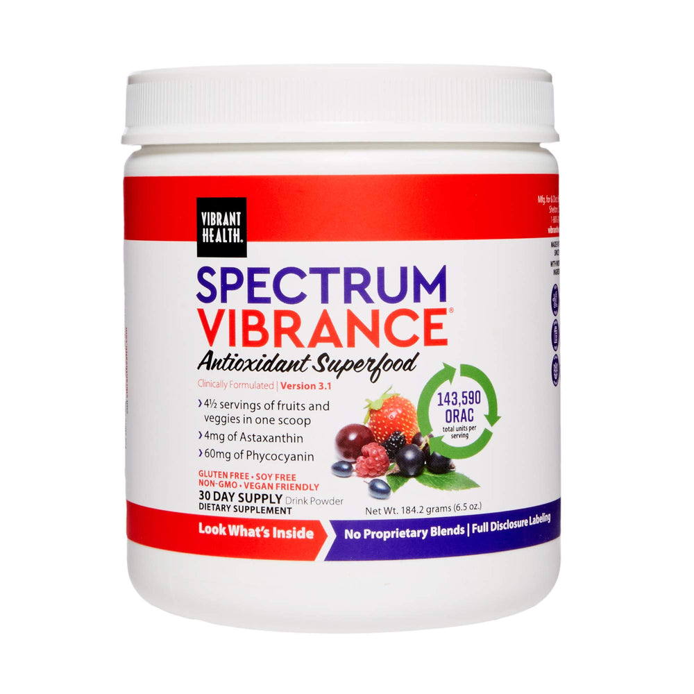Vibrant Health Spectrum Vibrance tub label shown for easy daily use