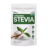 Viccoky organic stevia powder canister shows pure zero-calorie sweetness for beverages.