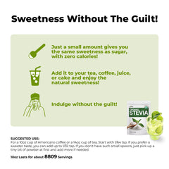 Scoop of Viccoky stevia powder measures tiny, concentrated sweetness