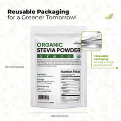 Viccoky Stevia powder scoop highlights concentrated sweetness for versatile use.