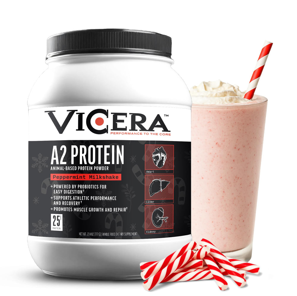 ViCera A2 Protein Powder bottle with peppermint milkshake flavor for daily protein.