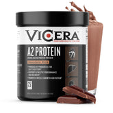Vicera A2 Protein Powder chocolate jar front, premium organic blend on display.