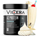 Vicera A2 Protein Powder Vanilla Creme bottle pour for post-workout nourishment.