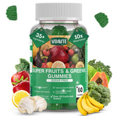 Vidavite Sugar-free Super Greens Gummies bottle on a kitchen counter for daily wellness.