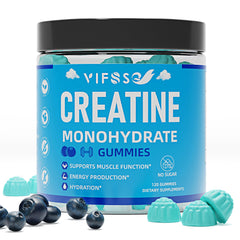 VIFSSG Creatine Monohydrate Gummies bottle with blue raspberry flavor for workout support