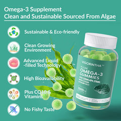 Vigorintha Omega-3 Gummies algae oil illustration signaling sustainable DHA 550mg and EPA 275mg