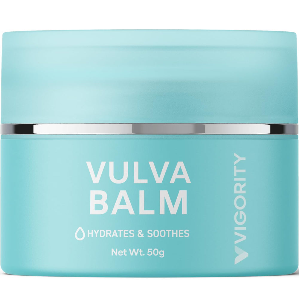 Vigority Vulva Balm bottle demonstrating daily moisturizing for sensitive skin.