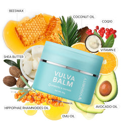 Close-up of Vigority Vulva Balm label with clean design.