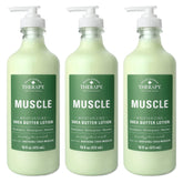 Village Naturals Therapy Muscle Shea Butter Lotion bottle with eucalyptus mint aroma for soothing relief