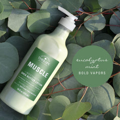 Village Naturals Therapy Muscle Shea Butter Lotion pump top in a bright setup