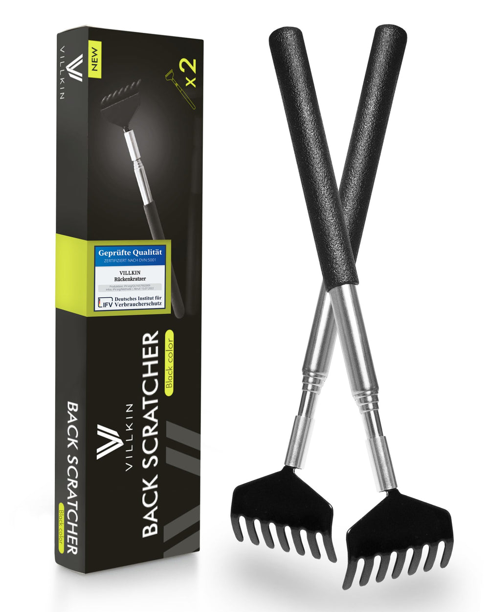 Villkin paquete de dos rascadores de espalda extensible para confort diario.