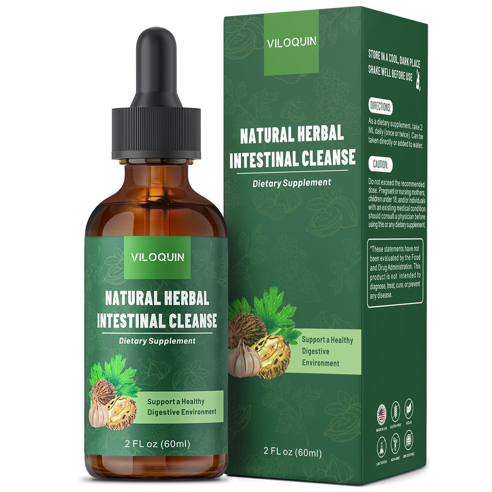 Viloquin Gut Cleanse bottle front showing convenient liquid detox support.
