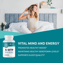 Closeup of Vimergy 5-HTP capsules for daily use