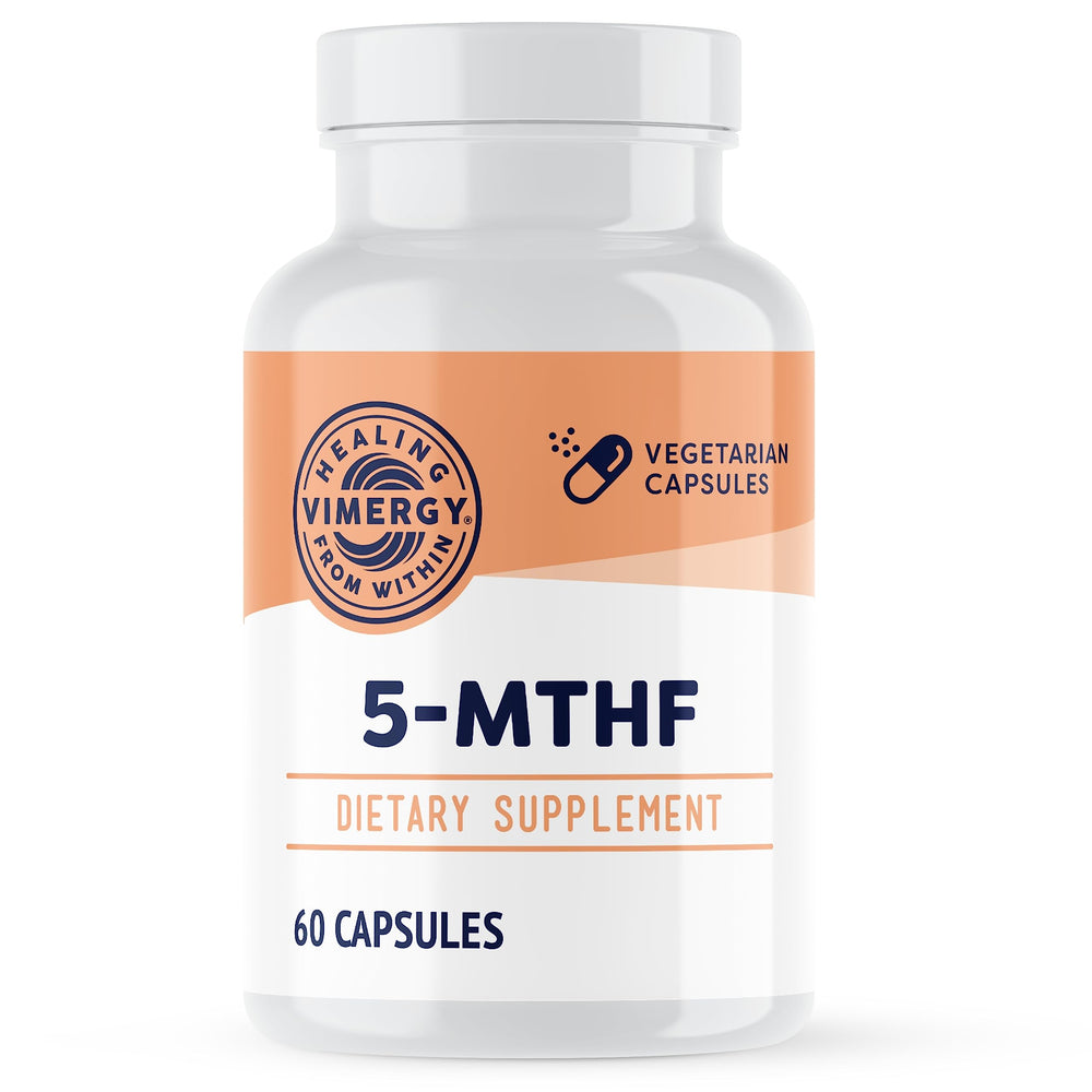 Vimergy 5-MTHF bottle front showing vegan folate supplement for daily energy support.