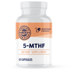 Vimergy 5-MTHF bottle front showing vegan folate supplement for daily energy support.
