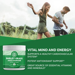 Vimergy Barley Grass Juice Powder packaging label highlights organic, vegan credentials.