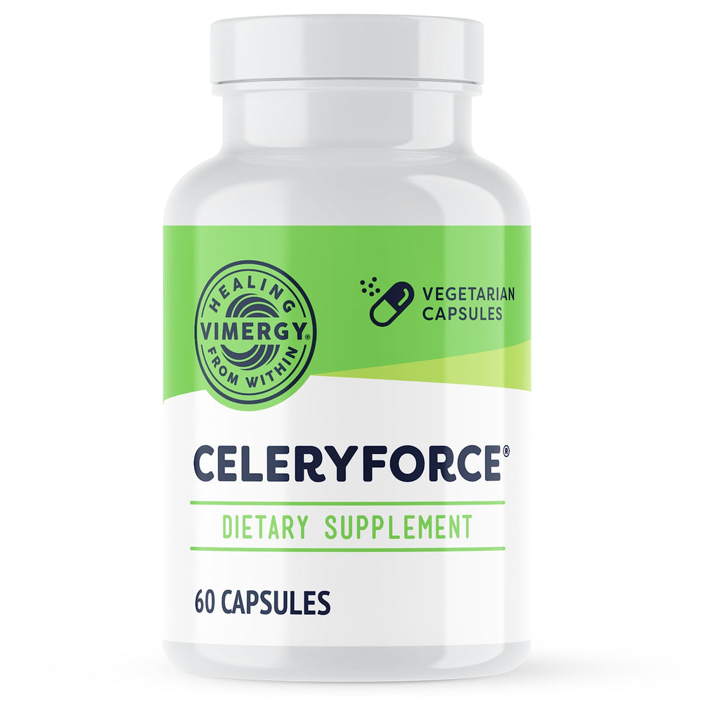 Vimergy Celeryforce bottle front with capsules for daily wellness.