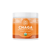 Vimergy Chaga Powder bottle label highlighting organic and single-ingredient formula for daily use.