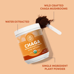 Chaga powder dissolving in hot water cup for a soothing beverage.