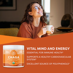 Vimergy Chaga Powder measuring spoon ready for precise daily servings.