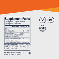 Close-up of Vimergy Curcumin label showing kosher and non-GMO certification