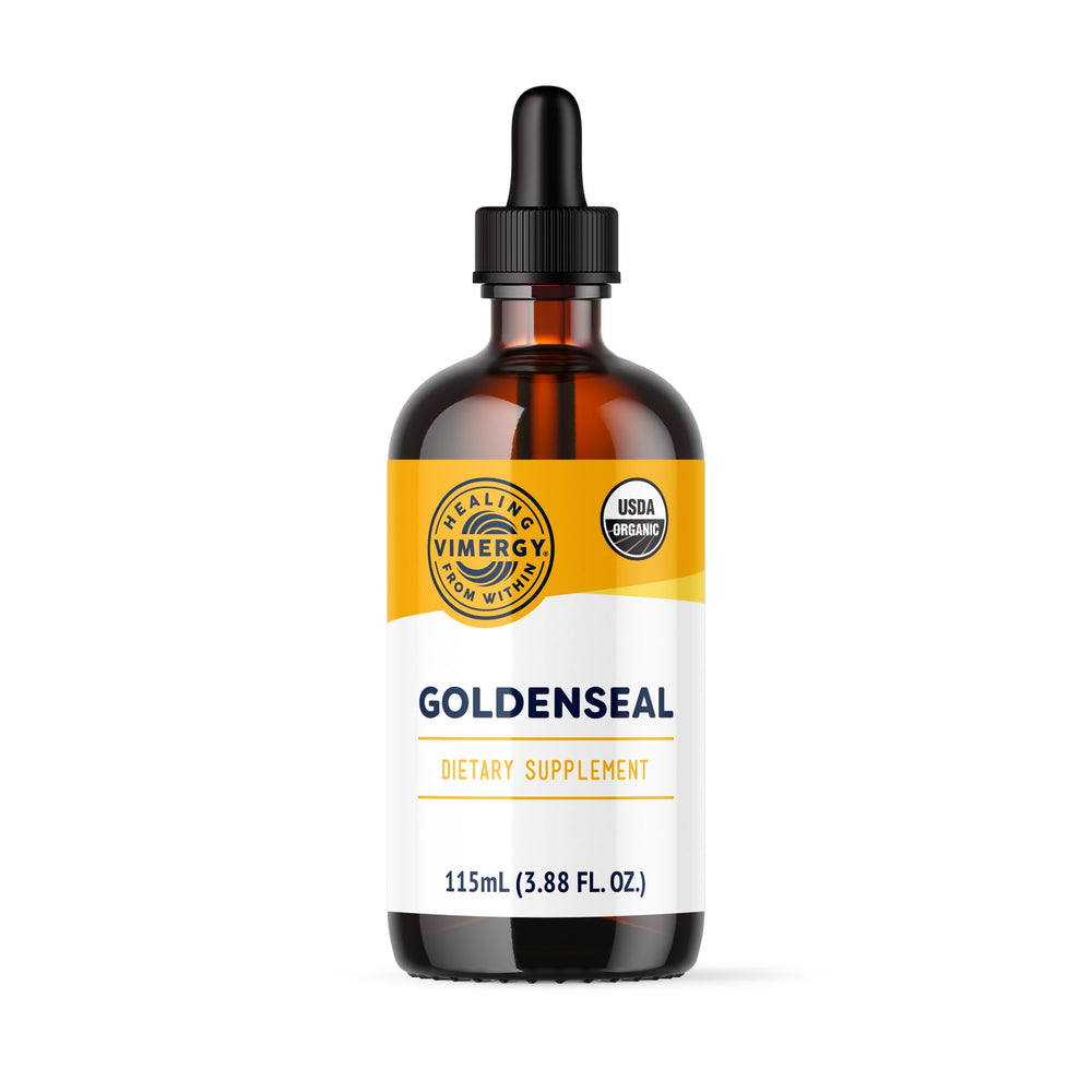 Vimergy Goldenseal tincture bottle front view, highlighting organic, alcohol-free formula.