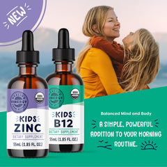 Vimergy Kids Organic Liquid B12 dropper demonstrating precise age-appropriate servings