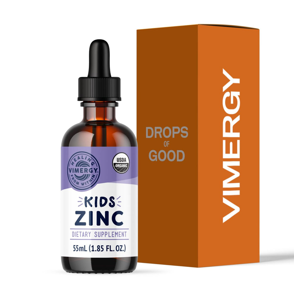 VIMERGY Kids Organic Zinc Sulfate bottle with a marked dropper for precise dosing.