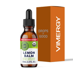 Vimergy lemon balm tincture bottle with dropper for easy daily use.