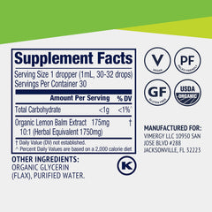 Ingredients panel on Vimergy lemon balm tincture bottle.