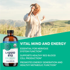 Pouring Vimergy Liquid B12 into juice for daily energy boost.