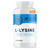 Vimergy L-Lysine capsule bottle shows vegan, clean daily support for skin, hair, and nails.